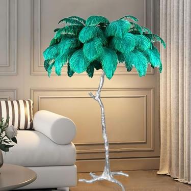 Imagem de Lâmpada de pé de resina com corpo de lâmpada prateada Lâmpada de piso de pena de avestruz natural, lâmpada de pé simples regulável em 3 cores, luminária moderna para quarto, sala de estar