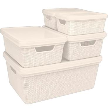 Imagem de Caixa Organizadora com Tampa Kit 5 Peças Cesto Grande em Plástico 1,8 L 5 L 15 L - Rv-Ecommerce (Bege)