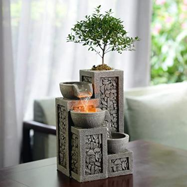 Imagem de Kalona Fonte de água de mesa interna – Cachoeira de resina de 3 camadas com luzes LED, mini plantador de bonsai e fluxo de água em cascata – Fonte de mesa calmante para casa, escritório, decoração de