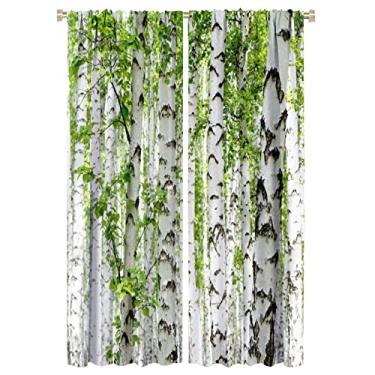 Imagem de Cortina blackout de bétula, folha verde, paisagem de verão, cortinas com isolamento térmico, bolso para varão, quarto, sala de jantar, cozinha, 2 painéis 106,66 x 160 cm