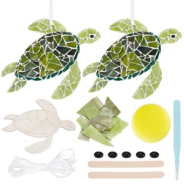 Imagem de WEBEEDY 2 conjuntos de kit de mosaico de tartaruga para adultos, kit de porta-copos de mosaico de tartaruga marinha com porta-copos de madeira de 15 cm, decoração de parede, azulejos verdes, azulejos
