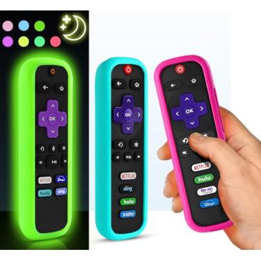 Imagem de (Pacote com 3) ONEBOM Capa para controle remoto Roku, capa para TCL Roku TV Steaming Stick/Hisense/Express controle de substituição universal capa de silicone pele brilha no escuro (verde brilhante +