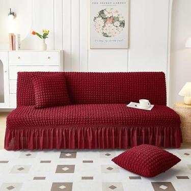 Imagem de Capa de futon sem braços com saia de babados, sofá-cama futon altamente elástica(Red,Medium (155-180cm))