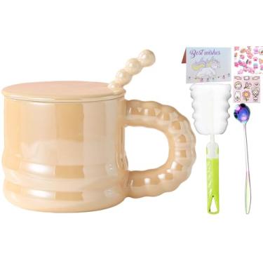 Imagem de seelucky Caneca de café de cerâmica esmaltada pérola com colher para chá com leite com leite copo fofo para escritório em casa presente de aniversário feminino (laranja C, 400 ml)