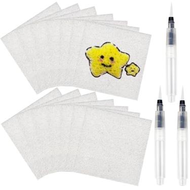 Imagem de 20 peças de papel de pintura de textura de espuma para artesanato, cartões brancos de celulose de 8 cm x 8 cm com 3 canetas pincel de água, arte faça você mesmo e suprimentos de artesanato infantil