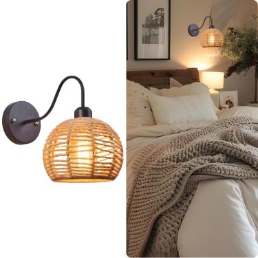 Imagem de Arandela de parede Rattan rústica tecida à mão Farmhouse E27