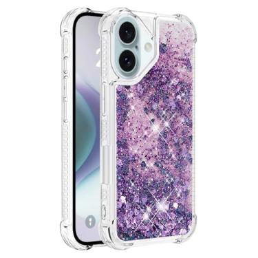Imagem de Capa de telefone à prova de choque para iPhone 16 Plus com glitter líquido de areia movediça e corações flutuantes, capa de TPU de camada dupla reforçada com 4 cantos, protetor de telefone seguro