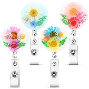 Imagem de Conjunto de 4 carretéis de identificação florais práticos com desenhos artísticos de flores, carretilhas retráteis de enfermagem para profissionais de saúde, materiais de trabalho funcionais (roxo)