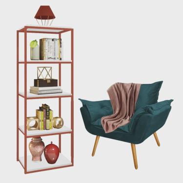 Imagem de Kit Poltrona Fatte com Manta Soft Salmão e Estante Livreiro Ferro Bronze mdf Branco Suede Azul Turquesa - Ahazzo Móveis
