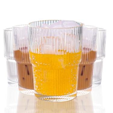 Imagem de WeirdUncle Conjunto de 6 lindos copos de vidro canelados, copo de vidro transparente vintage de 400 ml, estilo origami, design canelado, ideal para água, café gelado, suco, chá de leite, latte