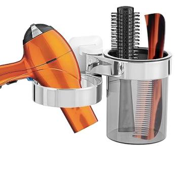 Imagem de Suporte para secador de cabelo, suporte de secador de cabelo de banheiro com bandeja de armazenamento, suporte de ferramentas de cuidados com o cabelo, suporte de parede - aro extra grande (prata +