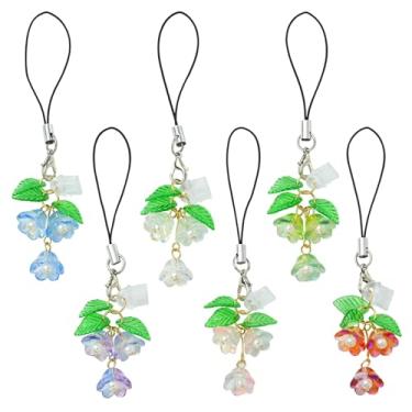 Imagem de LiQunSweet 12 peças 6 cores tema flor primavera acrílico vidro celular pingentes lírio do vale correias florais para capa de telefone bolsa chaveiro decoração