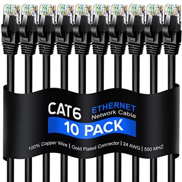 Imagem de Cabo Ethernet Cat 6 - 10 pacotes, 1,8 metros (1,8 metros) Maximm Cat6 Cabos Preto - Cabo de Internet sem fio de cobre puro computador rede patch cord UL listado, 24 AWG - Inclui abraçadeiras.