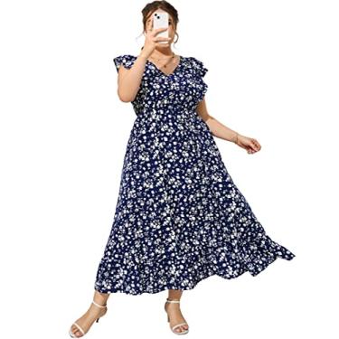 Imagem de KOJOOIN Vestido feminino plus size de verão com bolso com babados, sem mangas, decote em V, fenda lateral, vestido longo de praia, Flor azul marinho - 1, GG