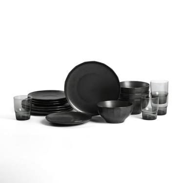 Imagem de Stone Lain Rio Conjunto de louça de grés com 16 peças, pratos e tigelas, conjunto de pratos pretos para 4 com copos de vidro colorido canelado, seguro para micro-ondas e lava-louças