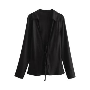 Imagem de Camisa Feminina Manga Longa com Decote V e Gravata Borboleta - Moda Es