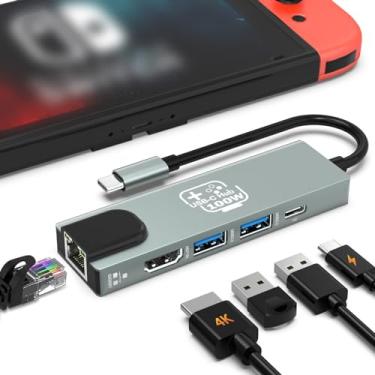 Imagem de Hub USB C, adaptador Ethernet, estação de ancoragem HDMI para Nintendo Switch/Switch OLED/MacBook/iPad/iPhone/Android telefone/laptop, adaptador de TV multiportas portátil 5 em 1 acessórios