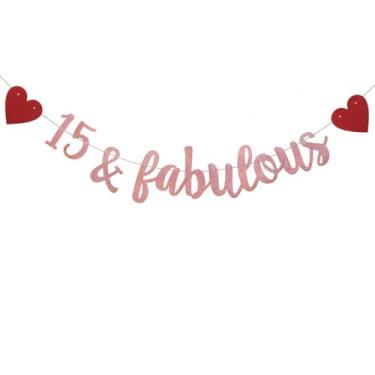 Imagem de WEIANDBO 15 & Fabulous Faixa com glitter em ouro rosa, pré-amarrada, decorações de festa de aniversário de 15 anos/casamentos, cenários de sinalização de bandeira, torcida para 15 anos, 15 anos e