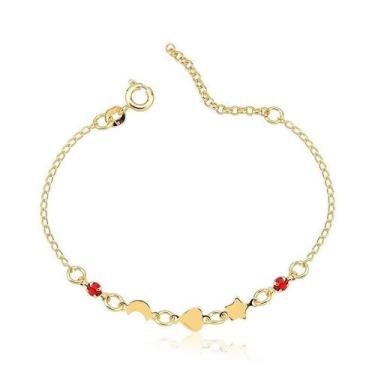Imagem de Pulseira Infantil com Lua Estrela e Coração Folheada a Ouro 18k - Mais