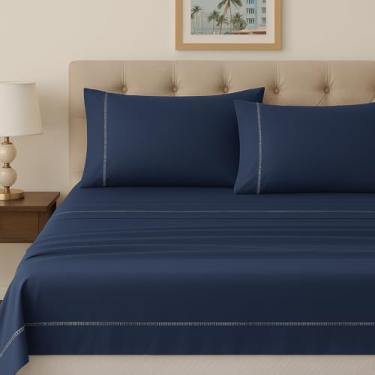 Imagem de Jogo de Cama Queen 4 Peças 100% Algodão Egípcio 300 Fios com Ponto Palito – Lençol com Elástico + Lençol Superior + 2 Fronhas (Azul Marinho)