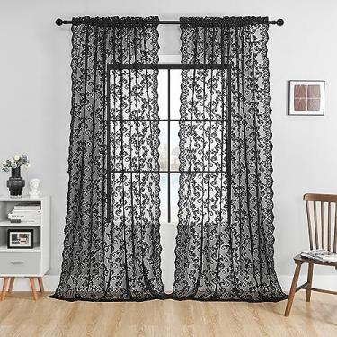Imagem de Cortinas de renda preta 222 cm de comprimento, 2 painéis, vintage, floral, transparente para sala de estar, quarto, cortina de crochê gótica escura, bolso para varão, filtro de luz, janela, cortinas