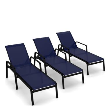 Imagem de Kit 3 Espreguiçadeira Piscina Alumínio Preto Tela Azul