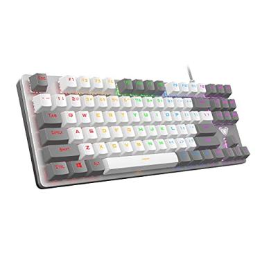 Imagem de AULA Teclado mecânico para jogos TKL com fio F3287, 80% compacto, sem teclas, 87 teclas com interruptores marrons táteis, teclas de cores mistas brancas e cinza, teclas macro programáveis