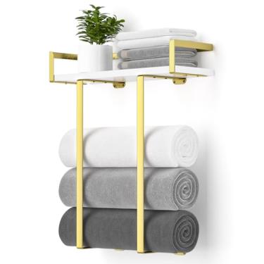 Imagem de Xstydes Toalheiro para banheiro montado na parede, suporte de toalha de metal com prateleira de madeira para toalhas grandes dobráveis, armazenamento de toalhas para decoração de pequenos