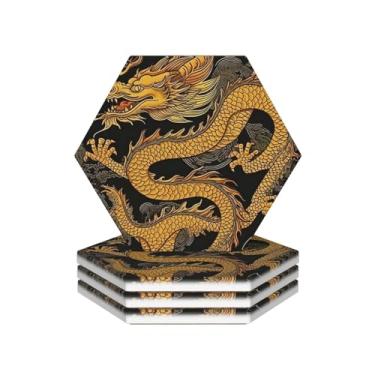 Imagem de Conjunto de 4 porta-copos redondos absorventes de cerâmica antiderrapante dragão amarelo fundo preto porta-copos com suporte e base de cortiça reutilizável porta-copos para copos para tipos de xícara