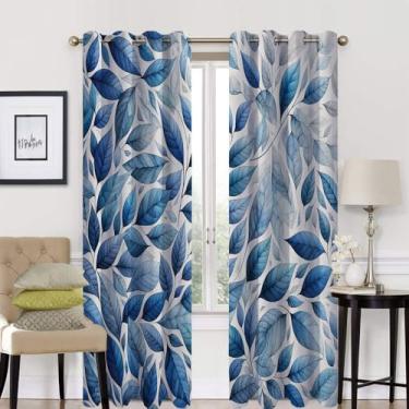 Imagem de Cortina blecaute azul com ilhós, estampa de folhas, design botânico, efeito aquarela, natureza moderna, estampa de arte conceitual, 2 painéis por grupo são usados na sala de estar ou no quarto, L 213