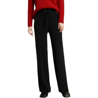 Imagem de 2023 Calças De Malha De Cintura Femininas Outono Inverno Calças De Caxemira Quente, Calças Retas Casuais Com Cós Elástico, Calças De Rua Elegantes Femininas De Perna Larga, Black, 3XL