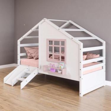 Imagem de Cama Casinha Janela Escada Escorregador Madeira Branco-Rosa - Housin