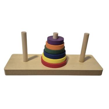 Imagem de Torre de Hanói Colorida em Madeira 63 Movimentos Brinquedo Montessori Educativo Pedagógico para Crianças 3 anos +