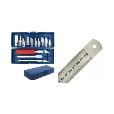 Imagem de Régua Aço Inox 60cm Lanmax + Kit Estilete de Precisão 3 Cabos 13 Lâminas LM-KEP-13 Patchwork Artesanato Scrapbook Para Desenho Escola Artesanato - Costura Criativa Para Cortes Retos E Traçados