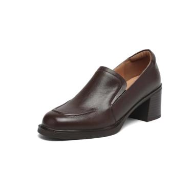 Imagem de TinaCus Mocassim feminino feito à mão, couro legítimo, bico fechado, sem cadarço, salto médio, Marrom, 34