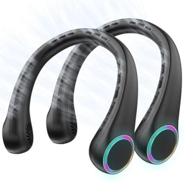 Imagem de VZZNN Pacote com 2 ventiladores de pescoço portáteis, design sem lâminas, 3 velocidades e 64 luzes frias, ventilador pessoal recarregável de 4000 mAh para resfriamento de verão (preto)