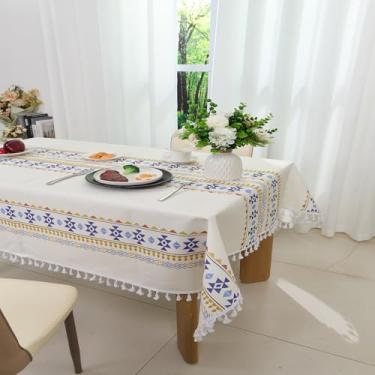 Imagem de Xiazhilaio Toalha de mesa retangular boêmia, de linho, impermeável, para jantar, fazenda, com borlas, rústico, oblongo/retangular, sem amassos, para cozinha, jantar, festa, piquenique, 140 x 178 cm