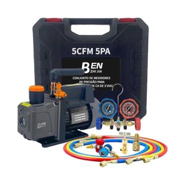 Imagem de FINYQBET Conjunto de 3.5CFM 1/4HP Bomba e Medidor de Vácuo CA, 3 vias, Mangueiras tricolores e acessórios para R22 R134A R410A R404A, Carcaça em ferro - Ideal para manutenção AC, Sem Óleo, 110/220V