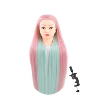 Imagem de menolana Cabeça de boneca de treinamento, cabeça de manequim para cosmetologia, cabeça de boneca longa de fibra sintética, cabelo colorido para maquiagem, rosa e verde