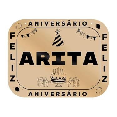 Imagem de Placa Feliz Aniversário Arita em MDF, 19x14 cm, com 2 Furos para Pendurar