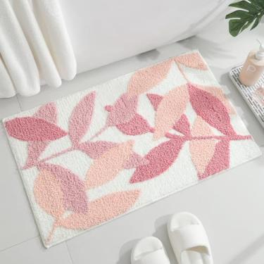 Imagem de Gibelle Tapete de banheiro rosa, tapete de banho de microfibra antiderrapante forte absorvente de água, lavável na máquina, tapete de banheiro pequeno, tapete de folhas fofas, tapete interno, 45,7 cm