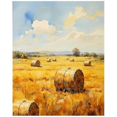 Imagem de Kit de pintura de campo de feno por números para adultos - Faça você mesmo com fardos de feno dourados em pintura de prado em tela 40 x 50 cm, conjunto de tinta acrílica, adequado para iniciantes