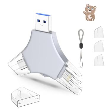 Imagem de Pen Drive USB 3.0 de 64 GB para iPhone, 3 em 1 com memória externa, suporte de fotos, vídeos, armazenamento de dados/backup, pen drives de alta velocidade V11.55 para iPhone/iPad/Android/PC - cinza