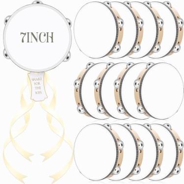 Imagem de Lukmaa Conjunto de 12 pandeiros para adultos Tambores de mão de madeira a granel com jingles de metal, etiquetas de presente, fita de presente de percussão instrumento musical para casamento na igreja