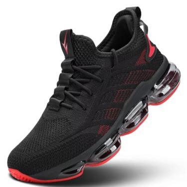 Imagem de Pozvnn Tênis de corrida masculino, com almofada de ar, sem cadarço, para caminhada, tênis, moda, casual, respirável, trilha, esporte, academia, Preto/vermelho, 44