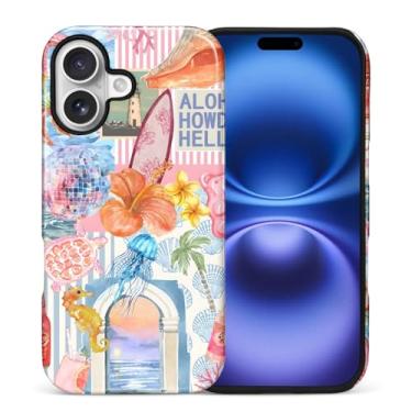 Imagem de ZHEGAILIAN Capa compatível com iPhone 16 (4g), capa rígida híbrida de 2 camadas para meninas meninos mulheres homens, concha praia água-viva fruta bebida colagem