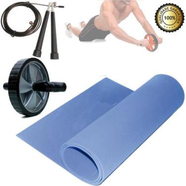Imagem de Kit Funcional Colchonete Preto + Roda + Corda De exercício funcional -
