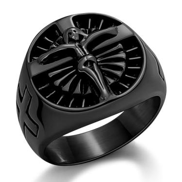 Imagem de Hoyazvet Anel de cruz de Jesus para homens - Aço inoxidável/ouro/joia religiosa preta - Presente de batismo cristão para ele, tamanho 7-13, Metal, Sem pedra preciosa