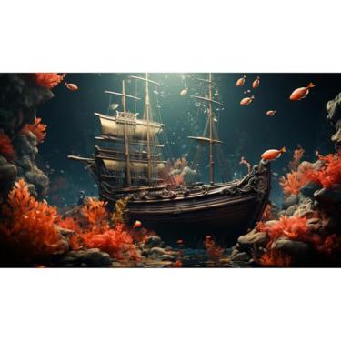 Imagem de Fundo de aquário naufrágio pirata sob o mar recifes de corais fundo de tanque de peixes paisagem de navio submerso fundo terrário mar tropical vida marinha aquário fundo 61 x 30 cm