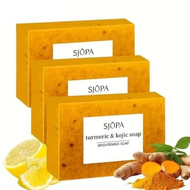 Imagem de Sabonete de açafrão para remover manchas – Sabonete Kojic de mel limão açafrão para rosto e corpo, sabonetes orgânicos de uso diário para cuidados com a pele, uniformiza o tom de pele(3PCS)